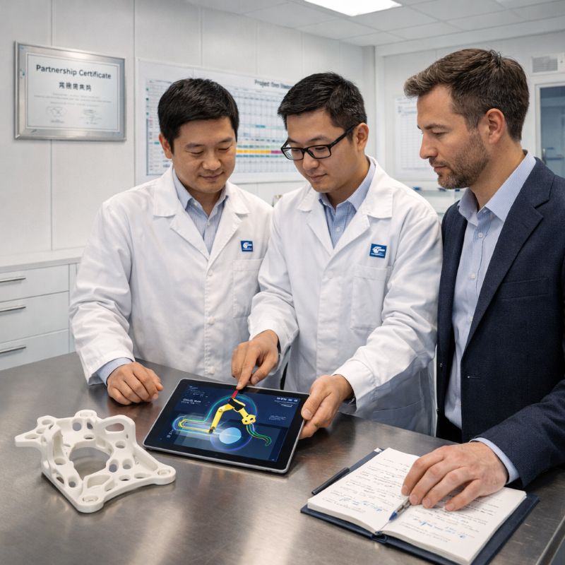 Engineers discuss custom welding options with customers in the lab