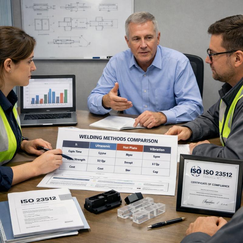 The team discusses plastic welding technology comparison tables and ISO standard documents in the conference room